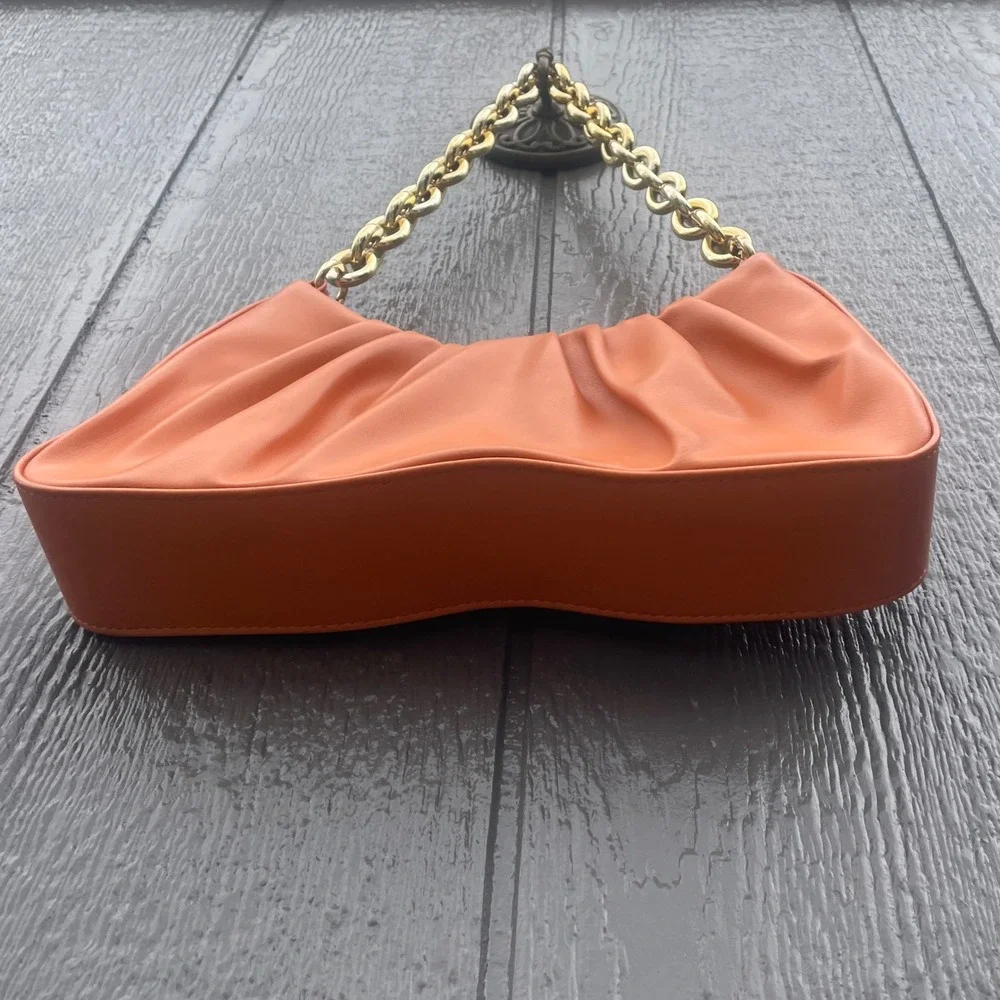 Orange Ruched Vegan Leather Shoulder Bag Chunky Gold Chain‎ Handle Hobo Bag